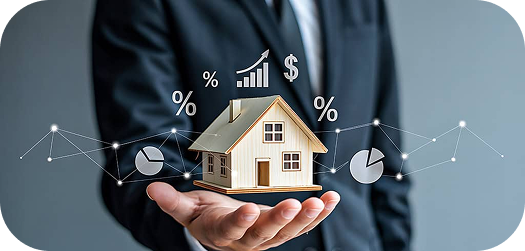 Real estate professional holding a model home with property investment charts